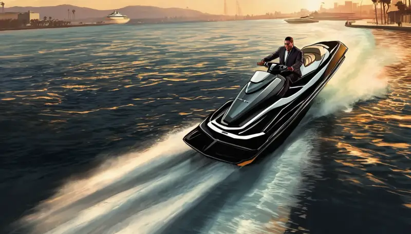 Jucător pe un skijet care se apropie de un yacht
